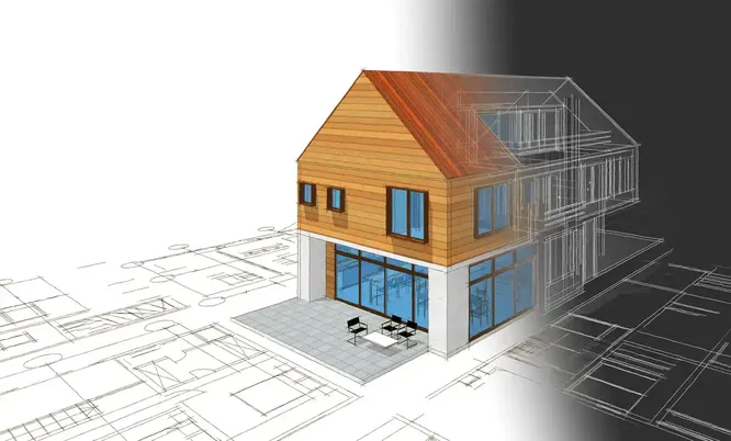 Digitales 3D-Modell eines Gebäudes mit Konstruktionslinien und Grundriss als Darstellung der digitalen Gebäudeerfassung und Bestandsmodellierung.