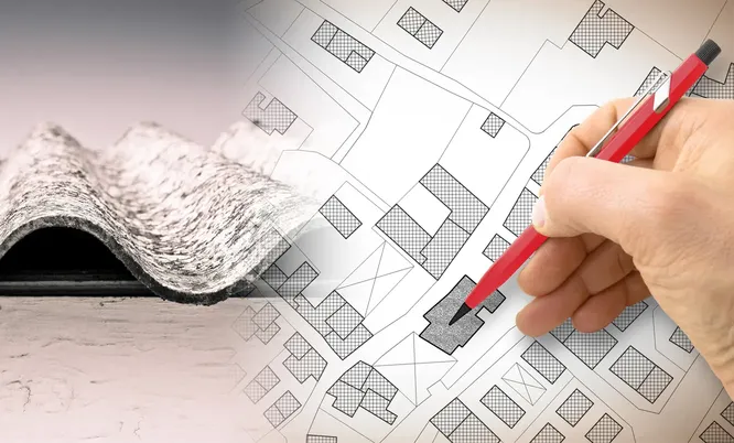 Darstellung eines Gebäudeplans mit Materialprobe als Symbol für die systematische Erfassung und Dokumentation von Gebäudeschadstoffen.