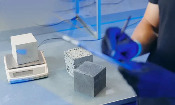 Baustoffproben aus unterschiedlichen Materialien neben einer Laborwaage bei der Untersuchung und Bewertung von Baustoffen.