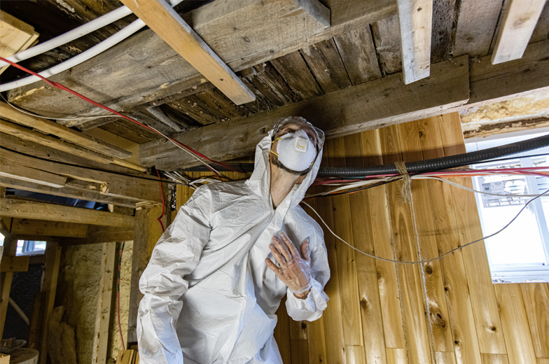 Fachperson in Schutzkleidung untersucht Deckenkonstruktion, baubiologische Analyse von Schadstoffen und Bauschäden im Innenraum.Fachperson in Schutzkleidung untersucht Deckenkonstruktion, baubiologische Analyse von Schadstoffen und Bauschäden im Innenraum